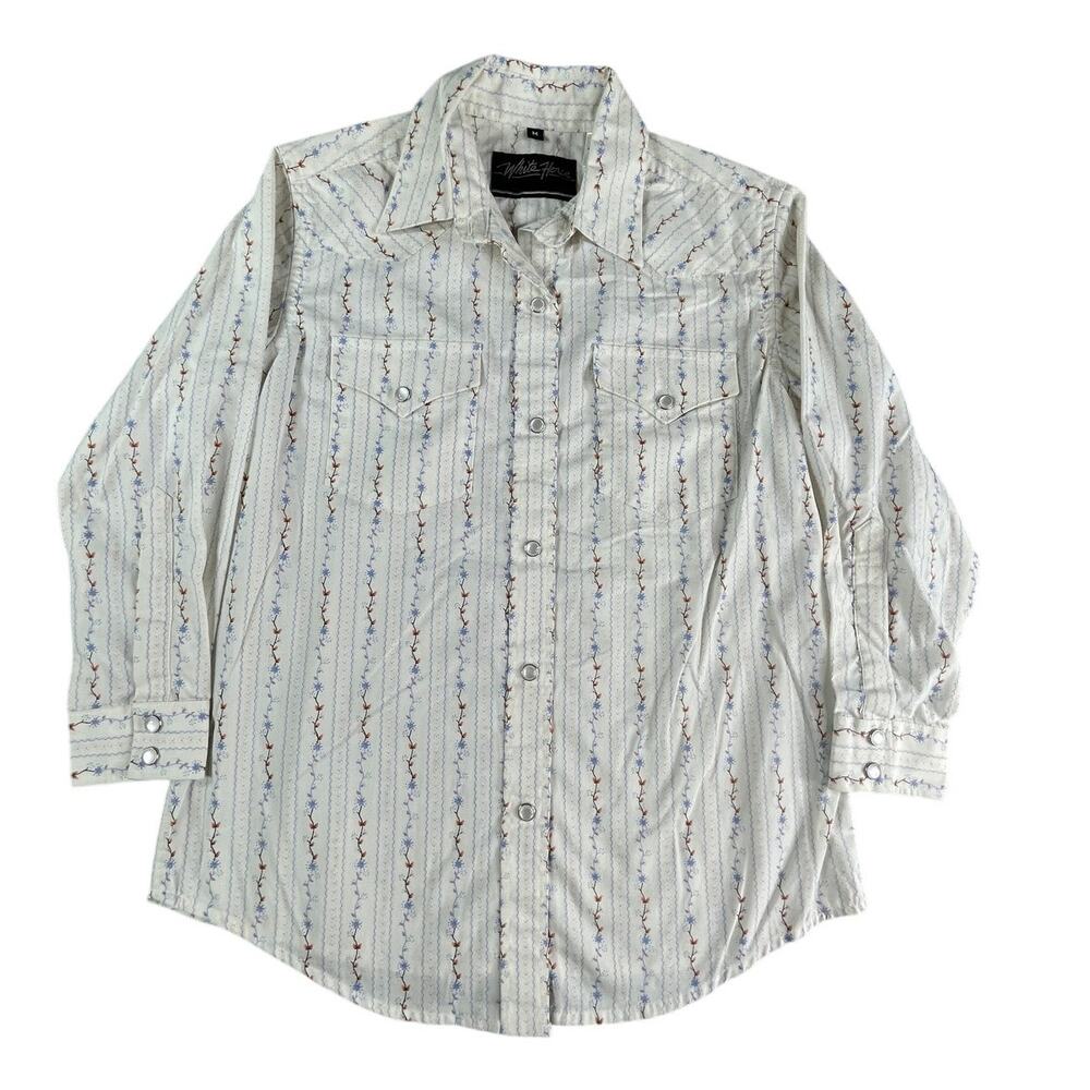 White Horse Shirt Boys Girls Medium White Floral Pearl Snap Long Sleeve Western